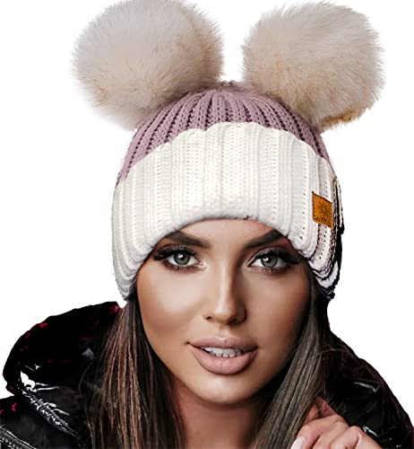 4sold Miki Farbe Damen Wintermütze Wolle Strickmütze Mit Doppelten Pom Pom Cap Ski Snowboard Bobble (White Rouse Pink) von 4sold