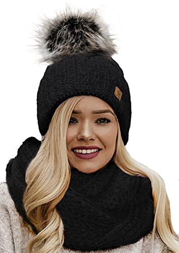 4sold Mütze & Schal Schlauchscha Damen Gerippt Winter Beanie mit Fleece Strickmütze Mohair Wolle Wurm mit Faux Fell-Bommel Bommel Pom Pom Strick Gefüttert - Set Birma Black von 4sold