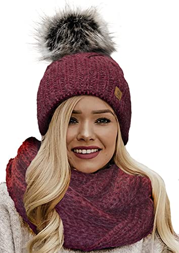 4sold Mütze & Schal Schlauchscha Damen Gerippt Winter Beanie mit Fleece Strickmütze Mohair Wolle Wurm mit Faux Fell-Bommel Bommel Pom Pom Strick Gefüttert - Set Birma Burgundy von 4sold