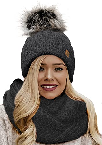 4sold Mütze & Schal Schlauchscha Damen Gerippt Winter Beanie mit Fleece Strickmütze Mohair Wolle Wurm mit Faux Fell-Bommel Bommel Pom Pom Strick Gefüttert - Set Birma Dark Grey von 4sold