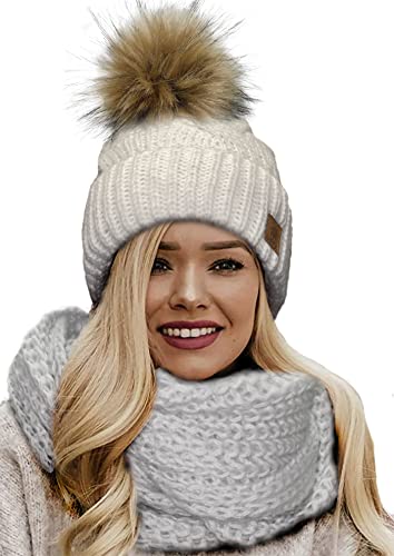 4sold Mütze & Schal Schlauchscha Damen Gerippt Winter Beanie mit Fleece Strickmütze Mohair Wolle Wurm mit Faux Fell-Bommel Bommel Pom Pom Strick Gefüttert - Set Birma Ecru von 4sold