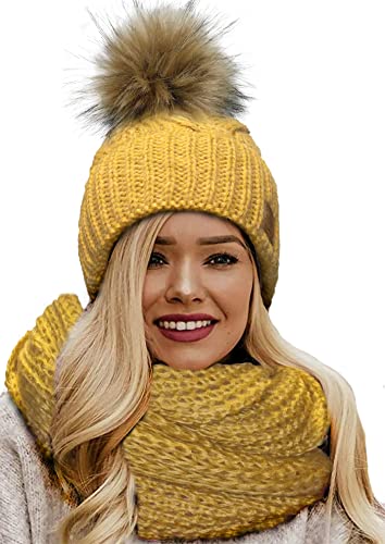 4sold Mütze & Schal Schlauchscha Damen Gerippt Winter Beanie mit Fleece Strickmütze Mohair Wolle Wurm mit Faux Fell-Bommel Bommel Pom Pom Strick Gefüttert - Set Birma Mustard von 4sold