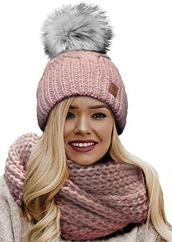 4sold Mütze & Schal Schlauchscha Damen Gerippt Winter Beanie mit Fleece Strickmütze Mohair Wolle Wurm mit Faux Fell-Bommel Bommel Pom Pom Strick Gefüttert - Set Birma Rouse Pink von 4sold