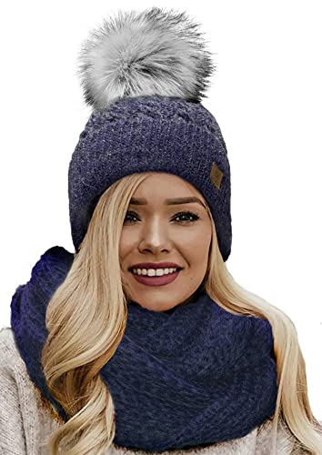 4sold Mütze & Schal Schlauchscha Damen Gerippt Winter Beanie mit Fleece Strickmütze Mohair Wolle Wurm mit Faux Fell-Bommel Bommel Pom Pom Strick Gefüttert - Set Carla Navy von 4sold