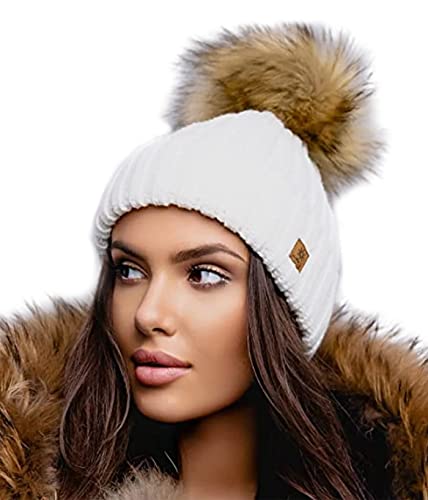 4sold Rita Damen Mädchen Winter Mütze Wolle Strickmütze mit großer Pom Pom Cap Ski Snowboard Hüte Bommel, natur, Einheitsgröße von 4sold