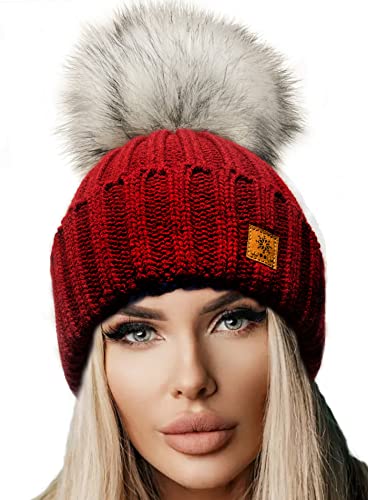 4sold Rita Damen Wurm Winter Style Beanie Strickmütze Mütze mit Fellbommel Bommelmütze HAT SKI Snowboard (Dark Red) von 4sold