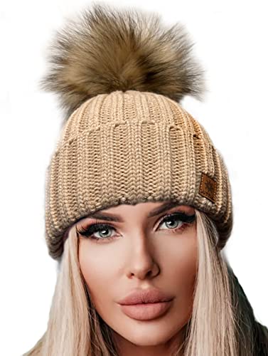 4sold Rita Damen Wurm Winter Style Beanie Strickmütze Mütze mit Fellbommel Bommelmütze HAT SKI Snowboard von 4sold