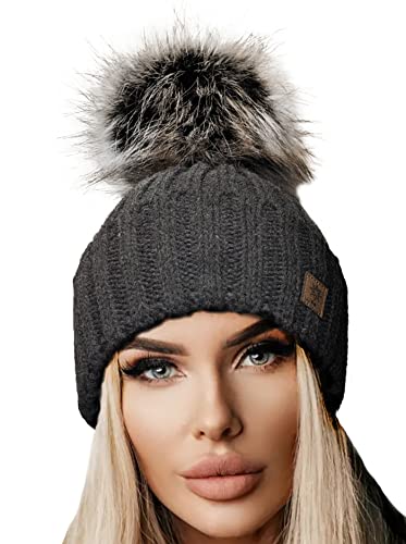 4sold Rita Damen Wurm Winter Style Beanie Strickmütze Mütze mit Fellbommel Bommelmütze HAT SKI Snowboard von 4sold