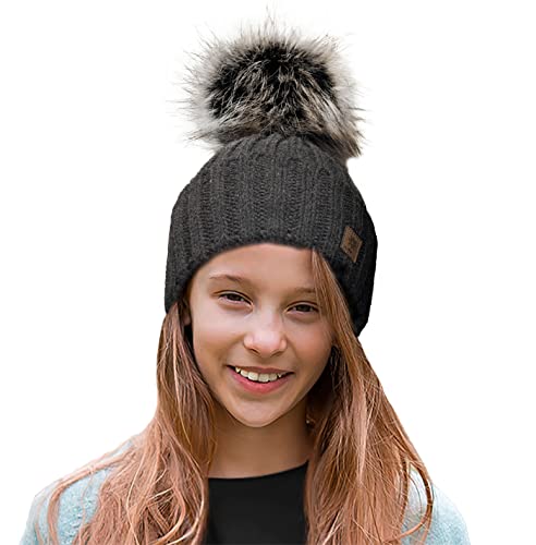 4sold Kinder Mütze Kleinkind Beanie Bobble Hat Baumwollfutter Kunstpelz Ball Pom Pom Cap Unisex Mädchen & Jungen Kinder Winter Strickmütze Bommelmütze Wurm von 4sold