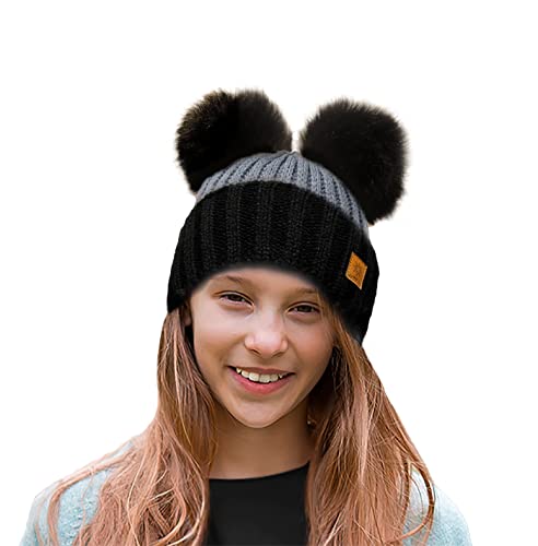 4sold Kinder Mütze Kleinkind Beanie Bobble Hat Baumwollfutter Kunstpelz Ball Pom Pom Cap Unisex Mädchen & Jungen Kinder Winter Strickmütze Bommelmütze Wurm von 4sold