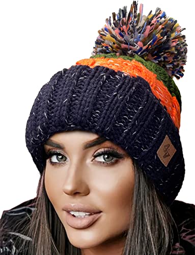 4sold warme Wintermütze für Herren und Damen, mit Bommel, einfarbig, Skimütze, Wollmütze, kuscheliges Fleece-Innenfutter, Marineblau / Orange, Einheitsgröße von 4sold