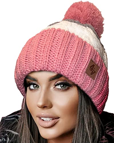 4sold warme Wintermütze für Herren und Damen, mit Bommel, einfarbig, Skimütze, Wollmütze, kuscheliges Fleece-Innenfutter, rosa / weiß, Einheitsgröße von 4sold