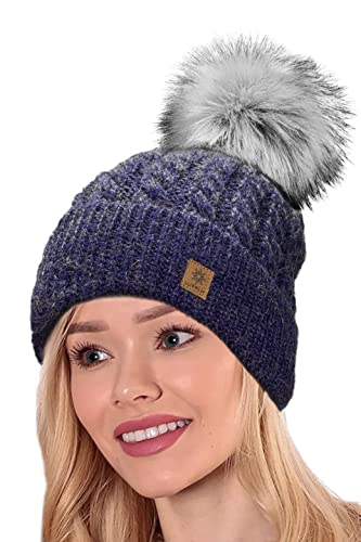 Woolk 4sold Herren Damen Wurm Winter Mohair Style Beanie Strickmütze Mütze mit Fellbommel Bommelmütze Hat Gestrickte Pudelmütze Plain Ski Pom Wooly with Full Cosy Fleece-Futter (Carla Navy) von 4sold