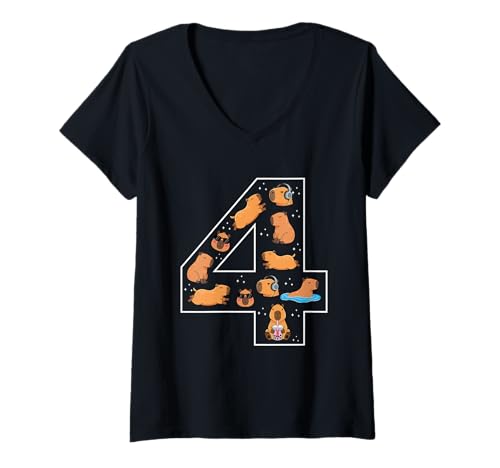 Damen 4. Geburtstag 4 Jahre alt Capybara Jungen Mädchen Tier T-Shirt mit V-Ausschnitt von 4th Birthday 4 Year Old Capybara Boys Girls