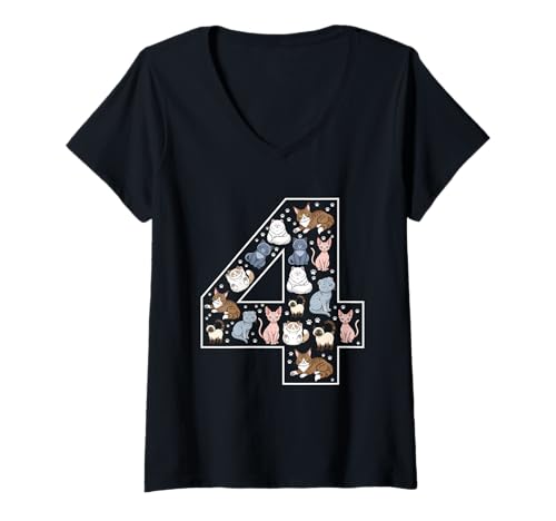 Damen 4. Geburtstag 4 Jahre alte Katzen Jungen Mädchen Katze Kätzchen T-Shirt mit V-Ausschnitt von 4th Birthday 4 Year Old Cats Boys Girls