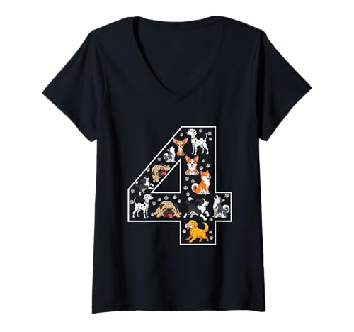 Damen 4. Geburtstag 4 Jahre alte Hunde Jungen Mädchen Welpen T-Shirt mit V-Ausschnitt von 4th Birthday 4 Year Old Dogs Boys Girls