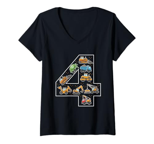 Damen Bagger zum 4. Geburtstag, 4 Jahre alt, für Jungen und Mädchen T-Shirt mit V-Ausschnitt von 4th Birthday 4 Year Old Excavator Boys Girls