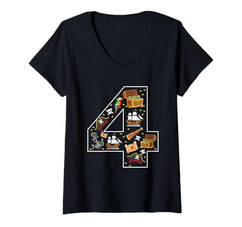 Damen 4. Geburtstag 4 Jahre alt Pirat Jungen Mädchen Schädel T-Shirt mit V-Ausschnitt von 4th Birthday 4 Year Old Pirate Boys Girls