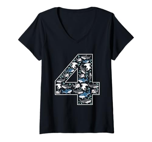 Damen 4. Geburtstag 4 Jahre alt Hai Jungen Mädchen Fisch T-Shirt mit V-Ausschnitt von 4th Birthday 4 Year Old Shark Boys Girls