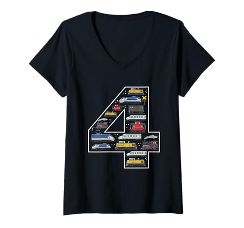 Damen 4. Geburtstag 4 Jahre alte Züge Jungen Mädchen Trainspotting T-Shirt mit V-Ausschnitt von 4th Birthday 4 Year Old Trains Boys Girls