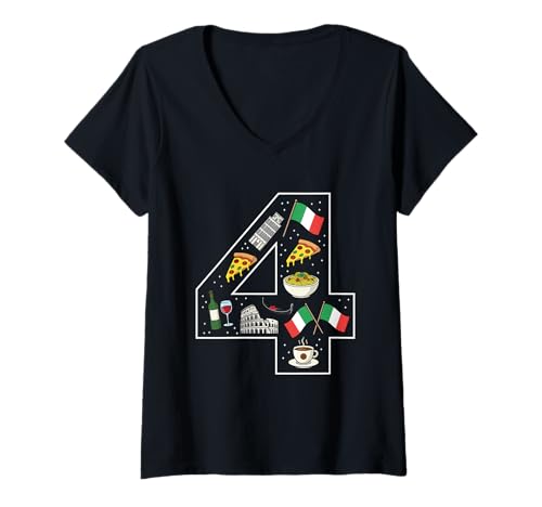 Damen Italienische Kultur 4 Jahre alte Italien-Flagge zum 4. Geburtstag T-Shirt mit V-Ausschnitt von 4th Birthday Italian Culture 4 Year Old Italy