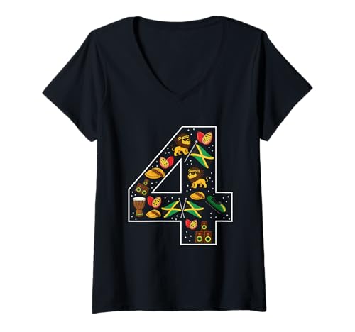 Damen Jamaikanische Kultur 4 Jahre alte Jamaika-Flagge zum 4. Geburtstag T-Shirt mit V-Ausschnitt Damen Jamaikanische Kultur 4 Jahre alte Jamaika-Flagge zum 4. Geburtstag T-Shirt mit V-Ausschnitt von 4th Birthday Jamaican Culture 4 Year Old Jamaica