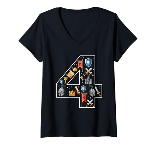 Damen 4. Geburtstag Ritterschloss 4 Jahre alt Jungen Mittelalter T-Shirt mit V-Ausschnitt von 4th Birthday Knight Castle 4 Years old Boys
