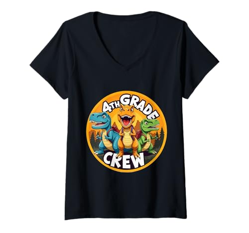Damen 4th Grade Crew Dinosaurier Lover T-Rex Dino Back To School T-Shirt mit V-Ausschnitt Damen 4th Grade Crew Dinosaurier Lover T-Rex Dino Back To School T-Shirt mit V-Ausschnitt von 4th Grade Crew Dinosaur Lover T-rex Dino Products