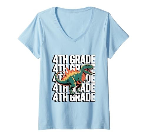 Damen 4th Grade Dinosaur T Rex Back to School for Kids Boys Girls T-Shirt mit V-Ausschnitt von 4th Grade Dino T Rex Tees