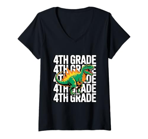 Damen 4th Grade Dinosaur T Rex Back to School for Kids Boys Girls T-Shirt mit V-Ausschnitt von 4th Grade Dino T Rex Tees