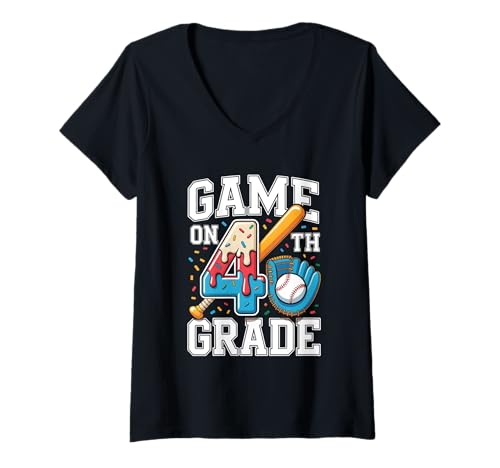 Damen 4. Klasse Ice Cream Baseball Drip Game On Kinder Jungen Kleinkind T-Shirt mit V-Ausschnitt Damen 4. Klasse Ice Cream Baseball Drip Game On Kinder Jungen Kleinkind T-Shirt mit V-Ausschnitt von 4th Grader Back To School Baseball Ice Cream Drip