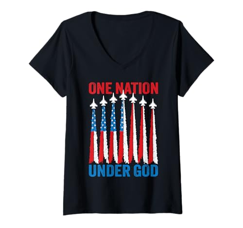 Damen One Nation Under God 4th Juli Men American Flag Fighter Jet T-Shirt mit V-Ausschnitt Damen One Nation Under God 4th Juli Men American Flag Fighter Jet T-Shirt mit V-Ausschnitt von 4th July American Flag One Nation Under God Men