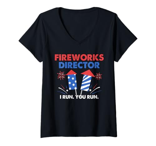 Damen Freedom US Flag 4th Of Juli Fireworks Director I Run You Run T-Shirt mit V-Ausschnitt von 4th July Independence Day Gifts For Men & Women