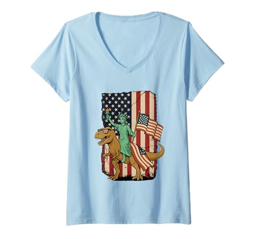 Damen Freiheitsstatue mit amerikanischer Flagge 4. Juli, Dinosaurier-Freiheitsstatue T-Shirt mit V-Ausschnitt Damen Freiheitsstatue mit amerikanischer Flagge 4. Juli, Dinosaurier-Freiheitsstatue T-Shirt mit V-Ausschnitt von 4th July Shirt Independence Day Apparel