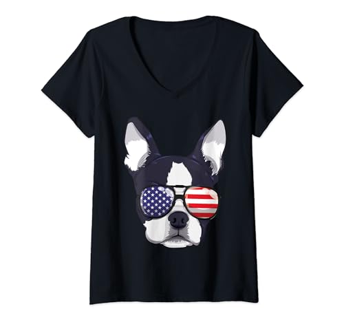 Damen Boston Terrier 4. Juli Amerikanische Sonnenbrille für Jungen und Mädchen T-Shirt mit V-Ausschnitt von 4th Of July Boston Terrier Art Gift and Apparel