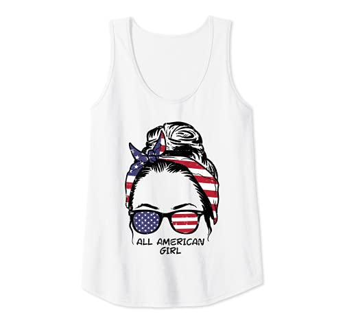 Damen All American Girl Hair Bun American Flag 4th Of July Women Tank Top von 4th Of July Clothes For Women Men Kids Fourth Gift