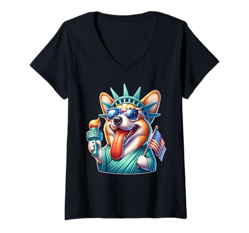 Damen Corgi Freiheitsstatue July 4th Of July Corgi T-Shirt mit V-Ausschnitt von 4th Of July Corgi Liberty Damen Herren