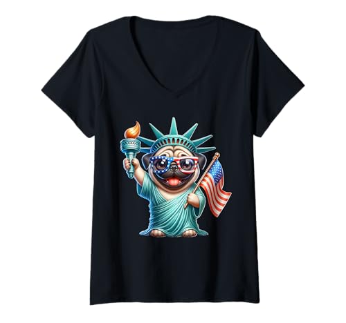 Damen Mops Freiheitsstatue July 4th Of July Pug T-Shirt mit V-Ausschnitt von 4th Of July Pug Liberty Damen Herren