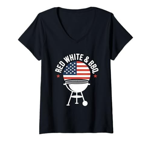 Damen Red White & BBQ Pitmaster Grill Lover 4. Juli BBQ T-Shirt mit V-Ausschnitt Damen Red White & BBQ Pitmaster Grill Lover 4. Juli BBQ T-Shirt mit V-Ausschnitt von 4th of July BBQ Independence Day Cookout