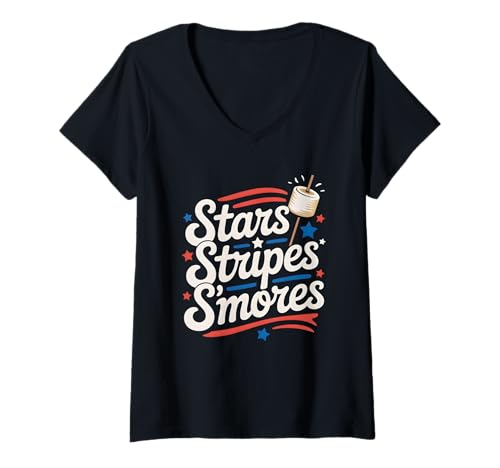 Damen Stars Stripes S'Mores 4. Juli Camping T-Shirt mit V-Ausschnitt Damen Stars Stripes S'Mores 4. Juli Camping T-Shirt mit V-Ausschnitt von 4th of July Camping Independence Day Camping