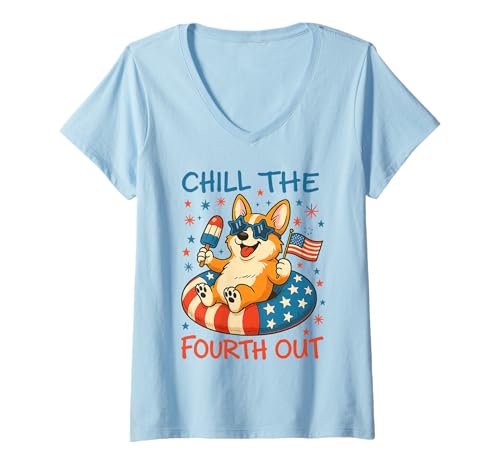 Damen Chill the Fourth Out Cute Corgi Patriotic 4. Juli T-Shirt mit V-Ausschnitt von 4th of July Dog Apparel for Corgi Lovers