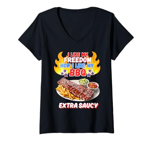 Damen 4. Juli, I Like My Freedom how I like My BBQ, Saucy T-Shirt mit V-Ausschnitt Damen 4. Juli, I Like My Freedom how I like My BBQ, Saucy T-Shirt mit V-Ausschnitt von 4th of July Freedom Never Tasted So Good!
