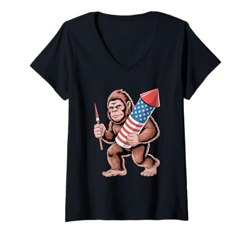 Damen Bigfoot Fireworks Sasquatch Independence Day 4. Juli T-Shirt mit V-Ausschnitt Damen Bigfoot Fireworks Sasquatch Independence Day 4. Juli T-Shirt mit V-Ausschnitt von 4th of July Independence Day Apparel