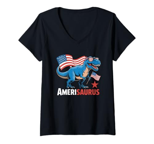 Damen Dinosaurier Amerisaurus T Rex Unabhängigkeitstag 4. Juli T-Shirt mit V-Ausschnitt Damen Dinosaurier Amerisaurus T Rex Unabhängigkeitstag 4. Juli T-Shirt mit V-Ausschnitt von 4th of July Independence Day Apparel