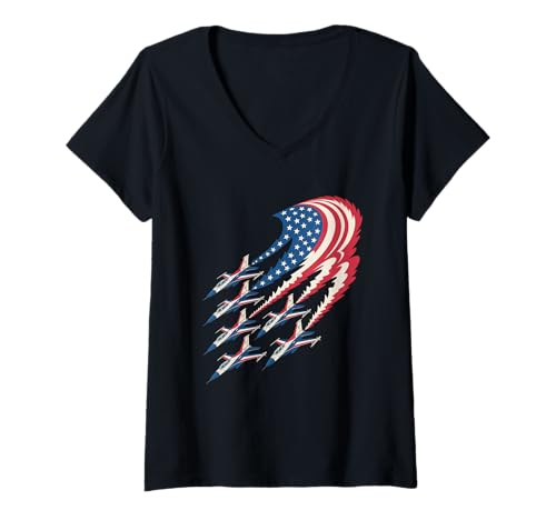 Damen Patriotische USA-Flagge Fighter Jets Independence Day 4. Juli T-Shirt mit V-Ausschnitt von 4th of July Independence Day Apparel