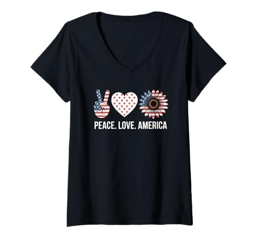 Damen Peace Love America USA Flagge Unabhängigkeitstag 4. Juli T-Shirt mit V-Ausschnitt Damen Peace Love America USA Flagge Unabhängigkeitstag 4. Juli T-Shirt mit V-Ausschnitt von 4th of July Independence Day Apparel