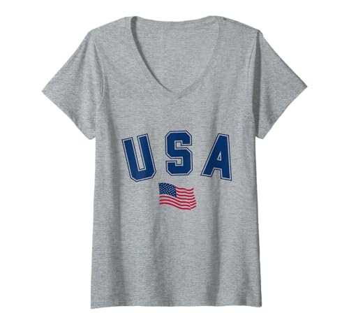 Damen USA Words and Flag Amerikanische Studenten Stolze US-amerikanische Väter T-Shirt mit V-Ausschnitt Damen USA Words and Flag Amerikanische Studenten Stolze US-amerikanische Väter T-Shirt mit V-Ausschnitt von 4th of July Independence Day Celebrate July 4 Girl