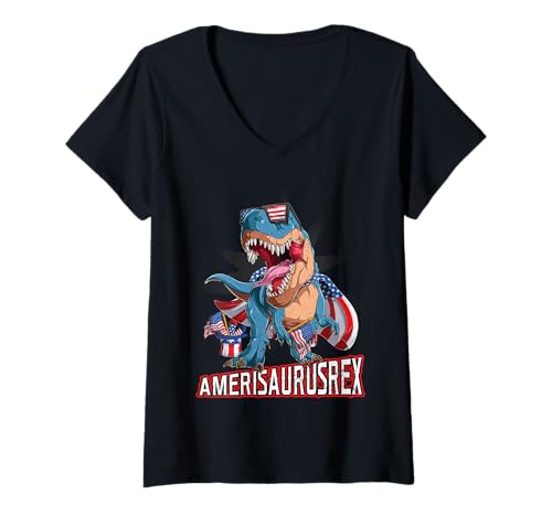 Damen Amerisaurus Rex 4. Juli Dinosaurier T-Shirt mit V-Ausschnitt Damen Amerisaurus Rex 4. Juli Dinosaurier T-Shirt mit V-Ausschnitt von 4th of July Patriotic America Independence Day