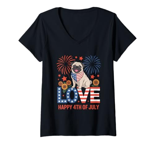 Damen Love Pug Dog Lover Independence Day 4. Juli T-Shirt mit V-Ausschnitt Damen Love Pug Dog Lover Independence Day 4. Juli T-Shirt mit V-Ausschnitt von 4th of July Patriotic Dad Humor