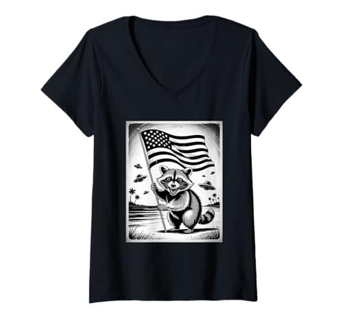 Damen Niedlicher Waschbär UFO Patriotischer Unabhängigkeitstag 4. Juli T-Shirt mit V-Ausschnitt Damen Niedlicher Waschbär UFO Patriotischer Unabhängigkeitstag 4. Juli T-Shirt mit V-Ausschnitt von 4th of July Patriotic Dad Humor